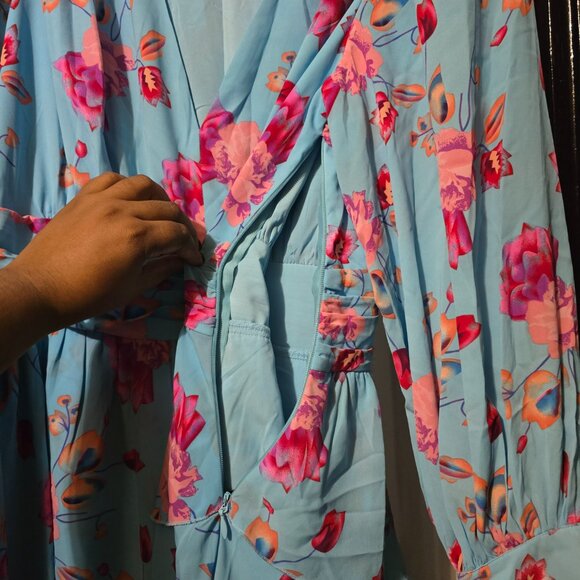 Fashion To Figure Sky Blue High-low Midi Dress W Pink Floral Design Plus Size 0 - Picture 5 of 11